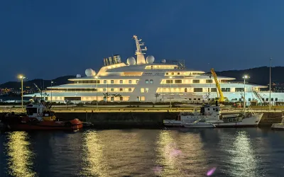 Azzam (180m, Lürssen 2013), the world's longest superyacht, at the Lürssen yard in Bremen