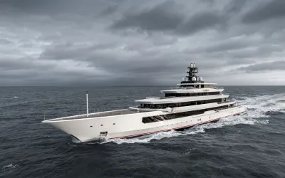 DreAMBoat (90m, Oceanco 2019) underway under a heavy sky, Espen Oeino exterior with her red boot stripe