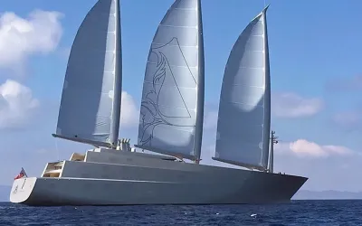 Sailing Yacht A (142.8m, Nobiskrug 2017) under full sail, A emblem on the mainsail