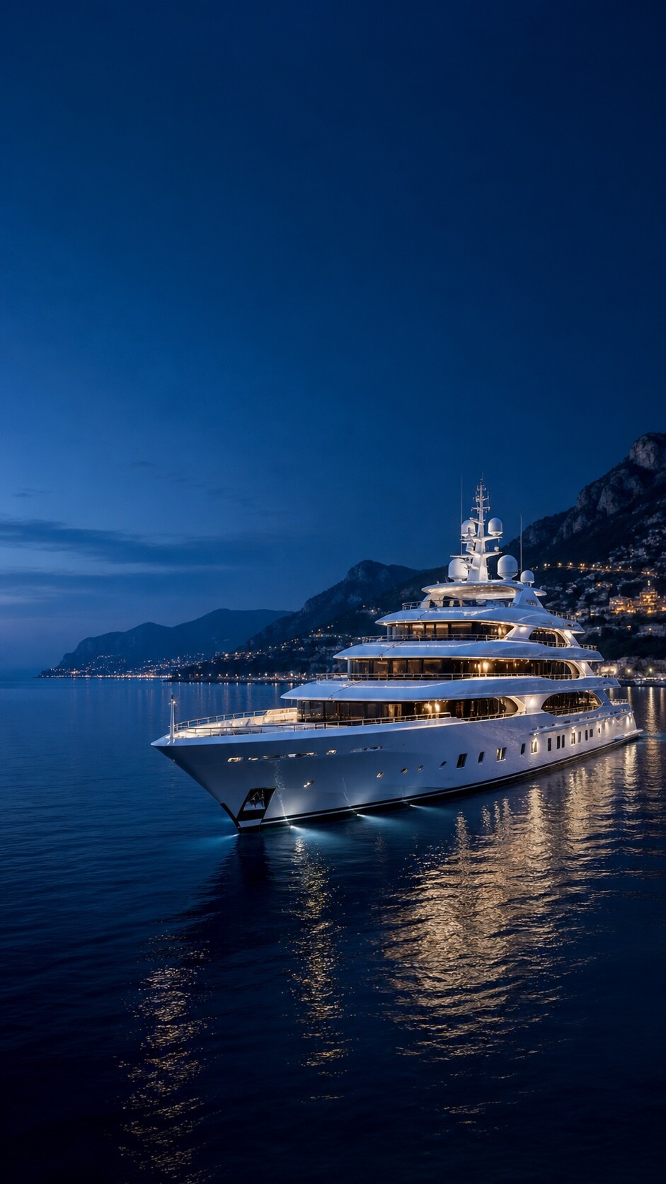 Night marina anchorage with yachts at blue hour